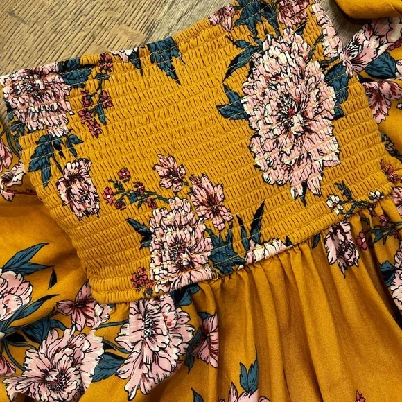 Boho! [band of gypsies] Yellow Pink Teal Floral Strapless Wide Leg Jumpsuit | XS - Picture 8 of 10